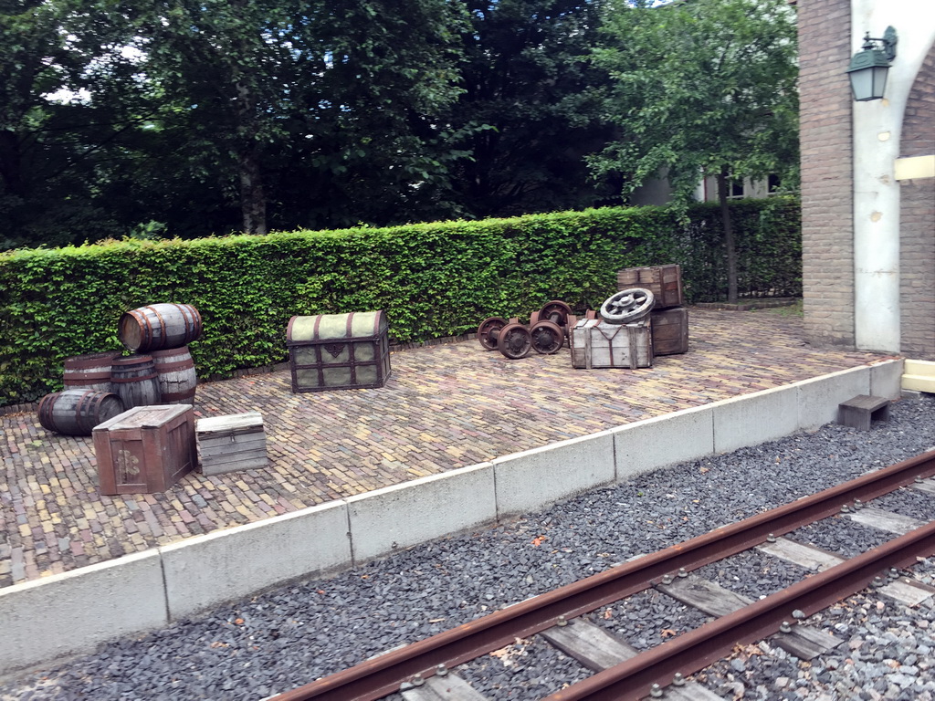 Chests and wooden barrels at the Train Station Marerijk at the Marerijk kingdom, viewed from the train