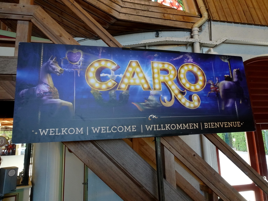 Banner for the musical `Caro` at the House of the Five Senses, the entrance to the Efteling theme park