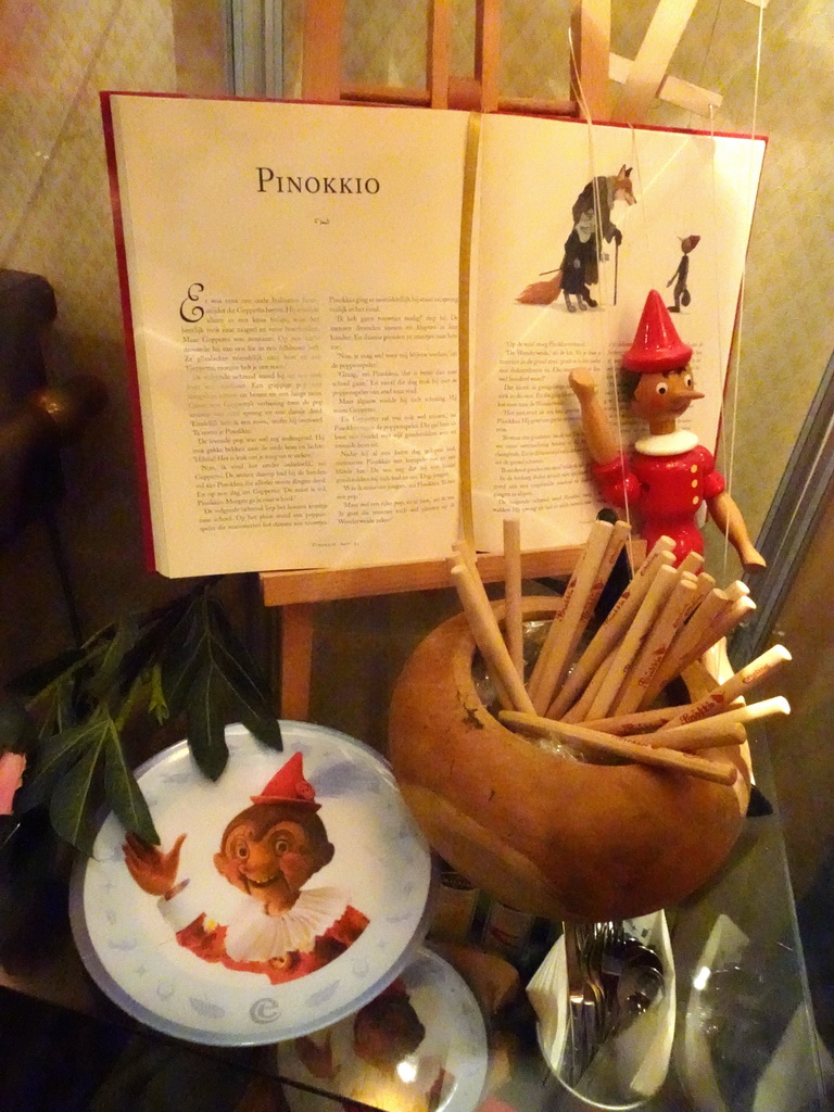Pinocchio items in a showcase at the Pinokkio restaurant at the Anderrijk kingdom