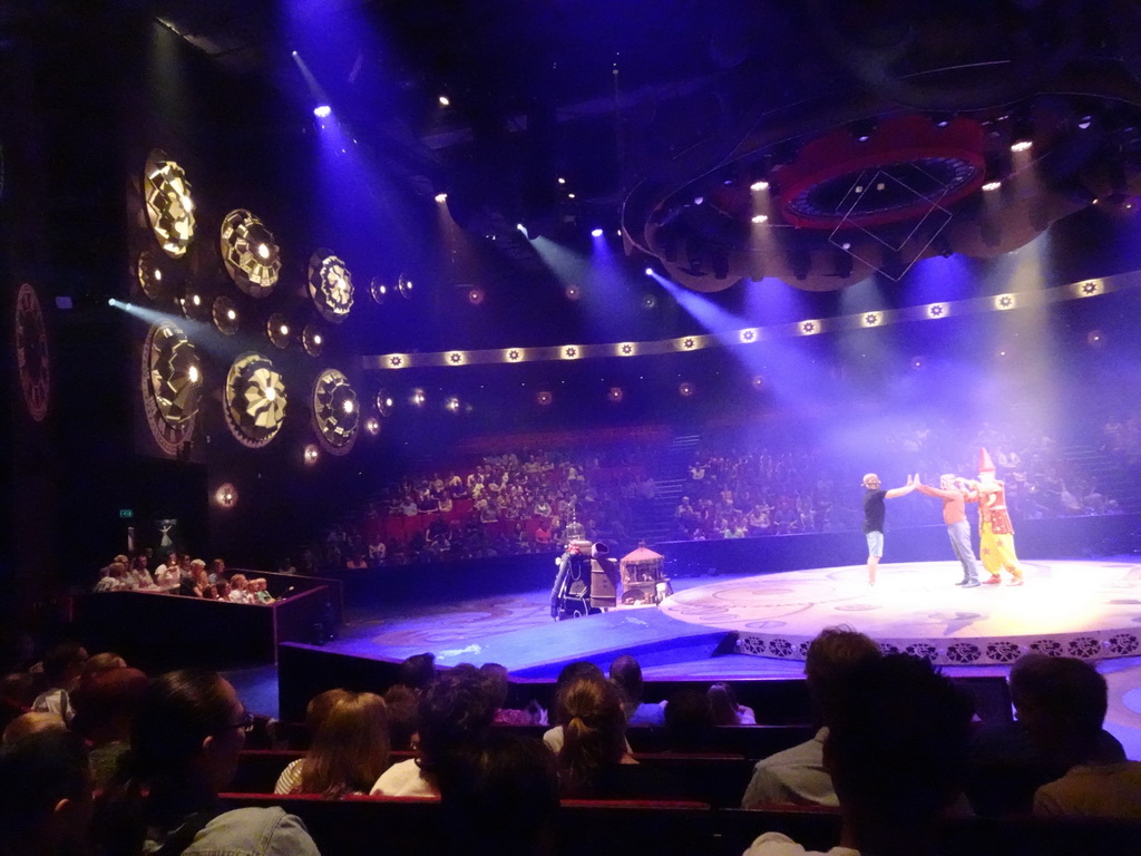 Clown at the pre-show of the musical `Caro` at the Efteling Theatre at the Anderrijk kingdom