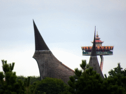 The House of the Five Senses, the entrance to the Efteling theme park, and the Pagoda attraction at the Reizenrijk kingdom, viewed from the temporary parking lot at the Dodenauweg street