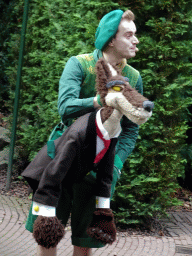 Actor with hand puppet during the Sprookjesboom Show at the Open-air Theatre at the Fairytale Forest at the Marerijk kingdom