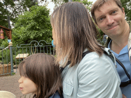 Tim, Miaomiao and Max in of the boats at the Six Swans attraction at the Fairytale Forest at the Marerijk kingdom