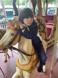 Max on a horse statue at the Vermolen Carousel at the Anton Pieck Plein square at the Marerijk kingdom