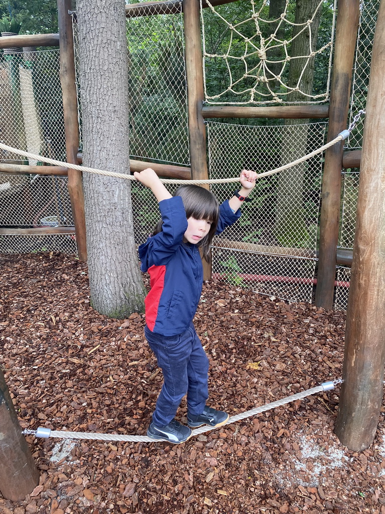 Max on a rope bridge at the Nest! play forest at the Ruigrijk kingdom