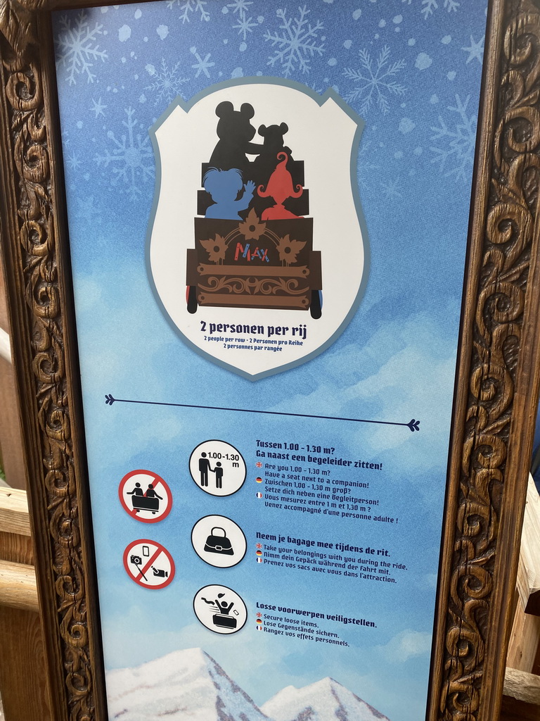 Sign at the waiting line at the Max & Moritz attraction at the Anderrijk kingdom