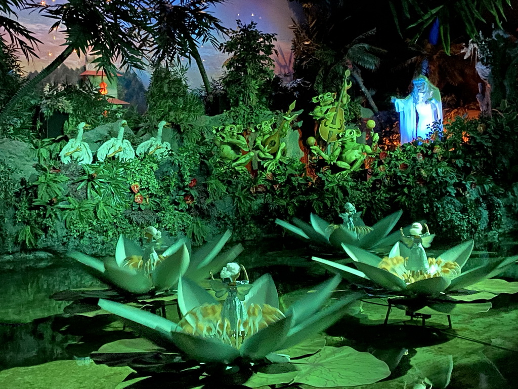 The Witch, the Frogs, the Geese, the Water Lilies and the Fakir`s Tower at the Indian Water Lilies attraction at the Fairytale Forest at the Marerijk kingdom