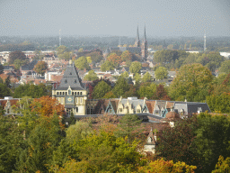 The Raveleijn theatre at the Marerijk kingdom and the Sint-Johannes de Doperkerk church at Kaatsheuvel, viewed from the Pagoda attraction at the Reizenrijk kingdom