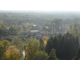 The Python, Baron 1898, Vliegende Hollander and Joris en de Draak attractions at the Ruigrijk kingdom, viewed from the Pagoda attraction at the Reizenrijk kingdom