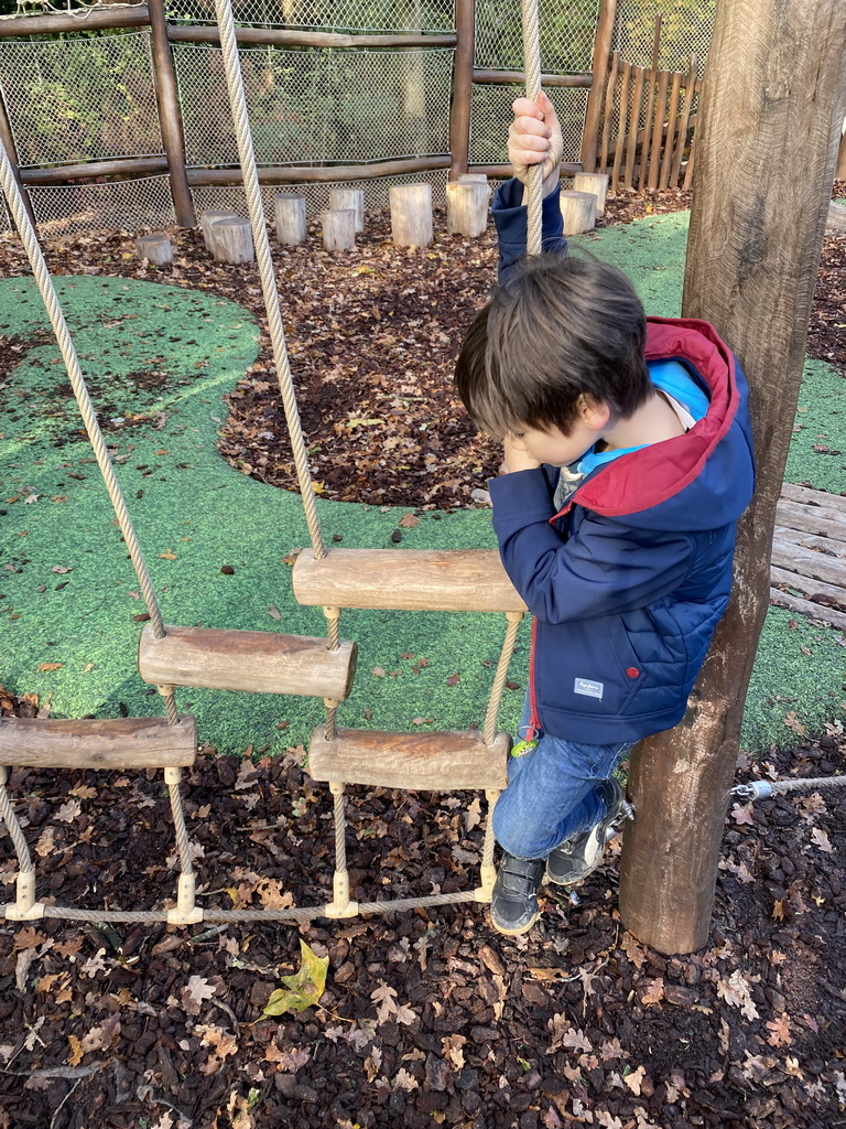 Max on a rope bridge at the Nest! play forest at the Ruigrijk kingdom