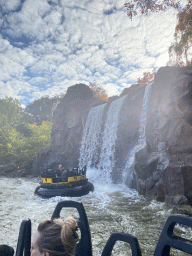 Boat and waterfall at the Piraña attraction at the Anderrijk kingdom, viewed from our boat