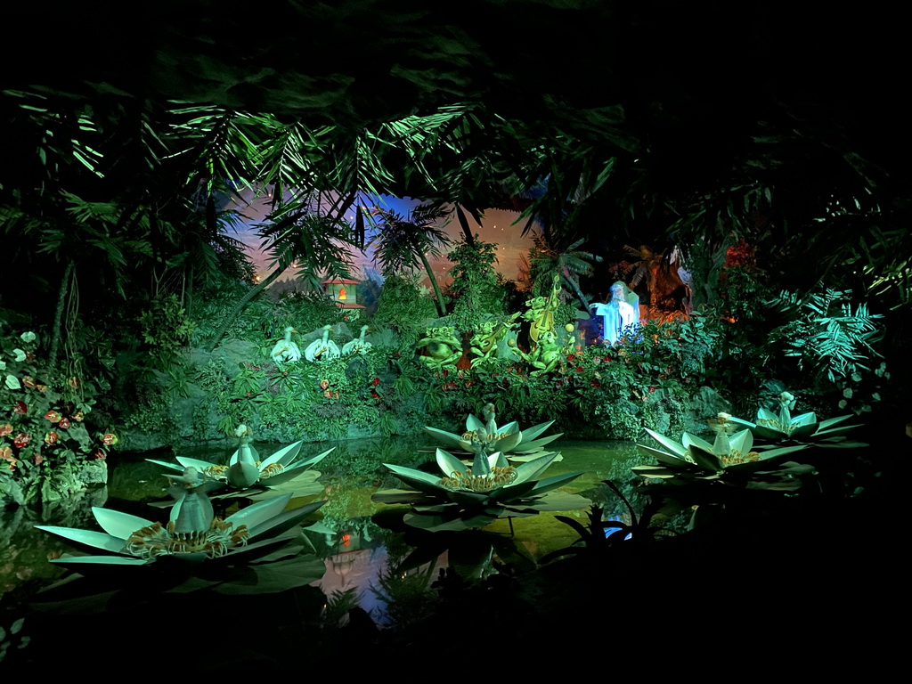 The Witch, the Frogs, the Geese, the Water Lilies and the Fakir`s Tower at the Indian Water Lilies attraction at the Fairytale Forest at the Marerijk kingdom