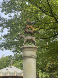 Statues on top of the Town Musicians of Bremen fountain at the Anton Pieck Plein square at the Marerijk kingdom