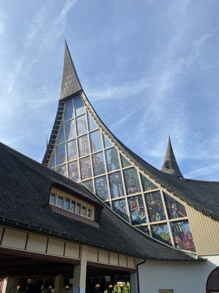 `Stained glass` drawings at the back side of the House of the Five Senses, the entrance to the Efteling theme park