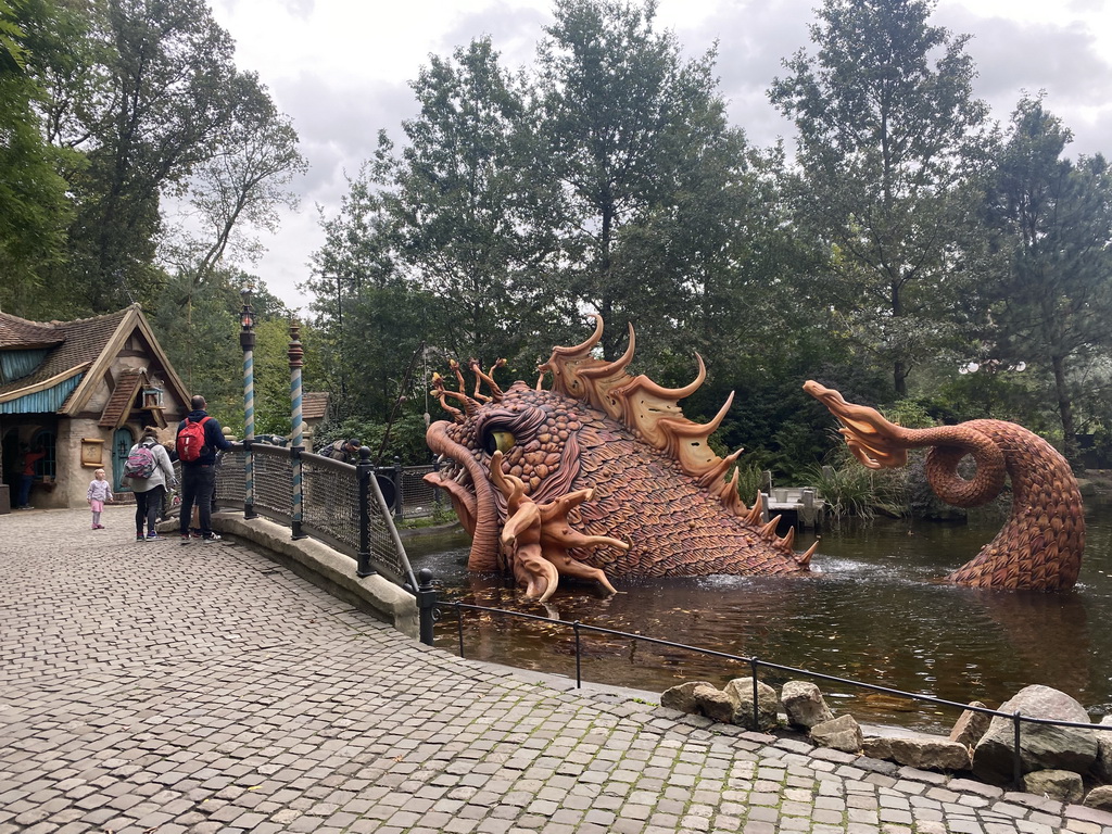 Geppetto`s House and giant fish at the Pinocchio attraction at the Fairytale Forest at the Marerijk kingdom