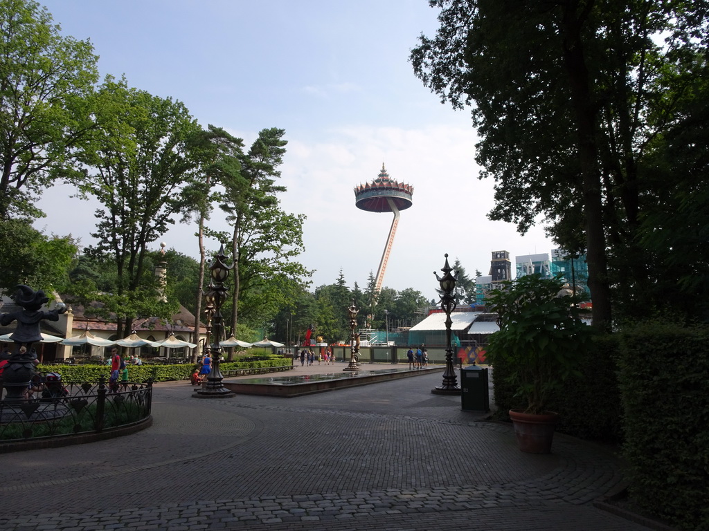 The Pagode attraction at the Reizenrijk kingdom and the Symbolica attraction at the Fantasierijk kingdom, under construction, viewed from the central road