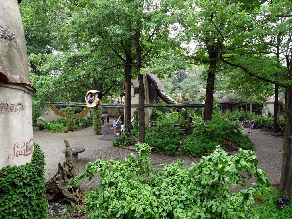 The Lavelhuys and Glijhuys buildings at the Laafland attraction at the Marerijk kingdom, viewed from the monorail