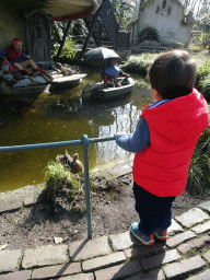 Max with fishing gnomes at the Gnome Village attraction at the Fairytale Forest at the Marerijk kingdom
