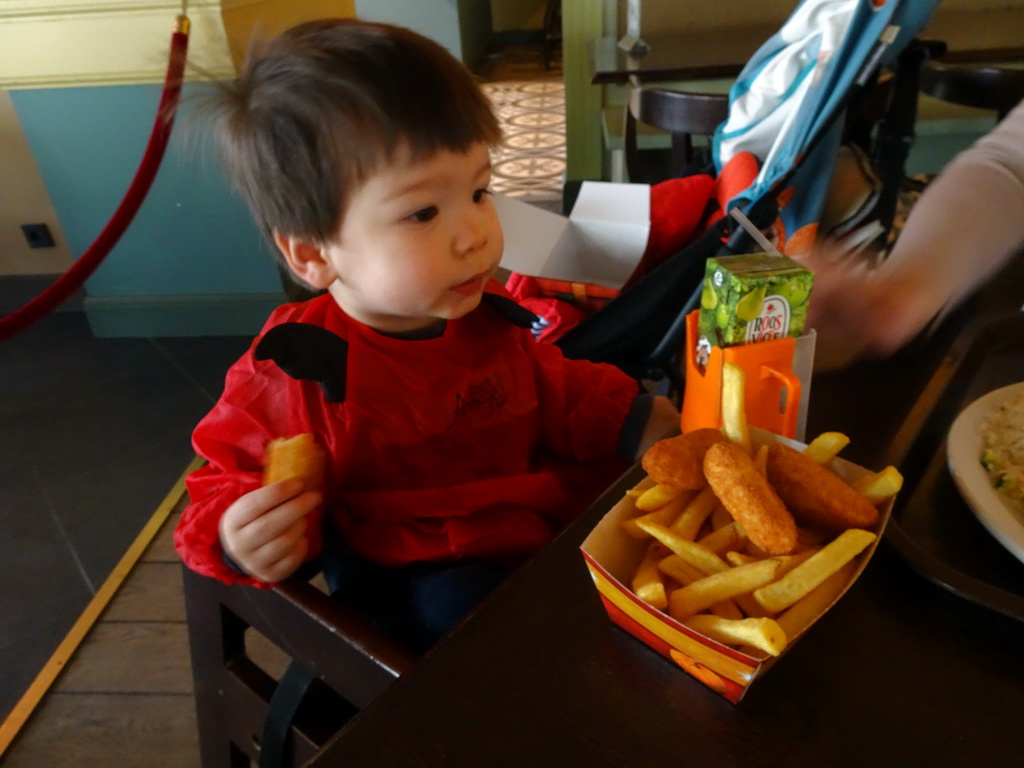 Max having lunch at the Witte Paard restaurant at the Anton Pieck Plein square at the Marerijk kingdom