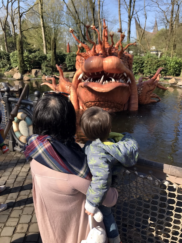 Miaomiao and Max with the giant fish at the Pinocchio attraction at the Fairytale Forest at the Marerijk kingdom