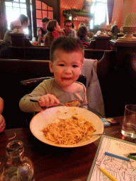 Max eating pasta at Pinokkio`s restaurant at the Fantasierijk kingdom