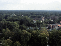 The Python, Joris en de Draak, Vliegende Hollander and Baron 1998 attractions of the Ruigrijk kingdom, viewed from the Pagode attraction at the Reizenrijk kingdom