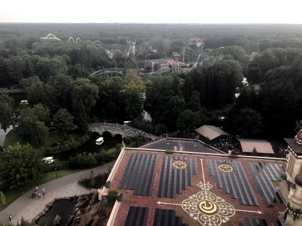 The Symbolica attraction of the Fantasierijk kingdom, and the Python, Joris en de Draak, Vliegende Hollander and Baron 1998 attractions of the Ruigrijk kingdom, viewed from the Pagode attraction at the Reizenrijk kingdom