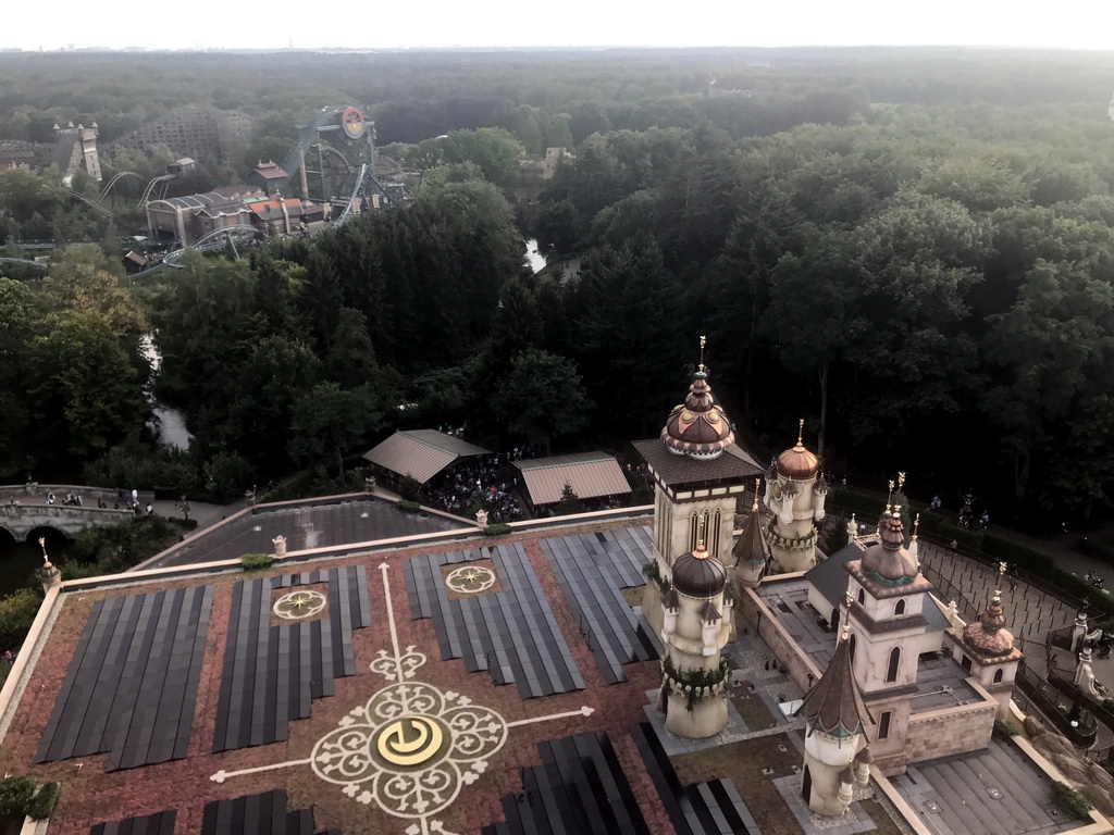 The Symbolica attraction of the Fantasierijk kingdom, and the Joris en de Draak, Vliegende Hollander and Baron 1998 attractions of the Ruigrijk kingdom, viewed from the Pagode attraction at the Reizenrijk kingdom