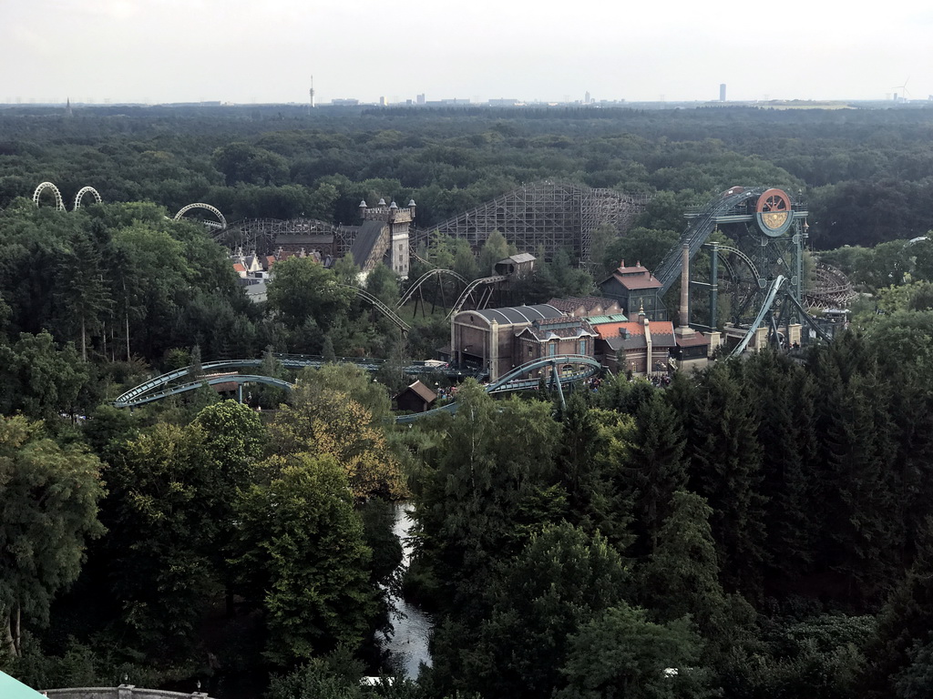 The Python, Joris en de Draak, Vliegende Hollander and Baron 1998 attractions of the Ruigrijk kingdom, viewed from the Pagode attraction at the Reizenrijk kingdom