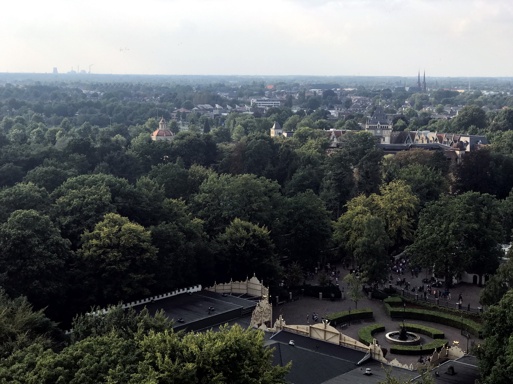 The Stoomcarrousel and Diorama attractions and the Raveleijn theatre at the Marerijk kingdom, viewed from the Pagode attraction at the Reizenrijk kingdom