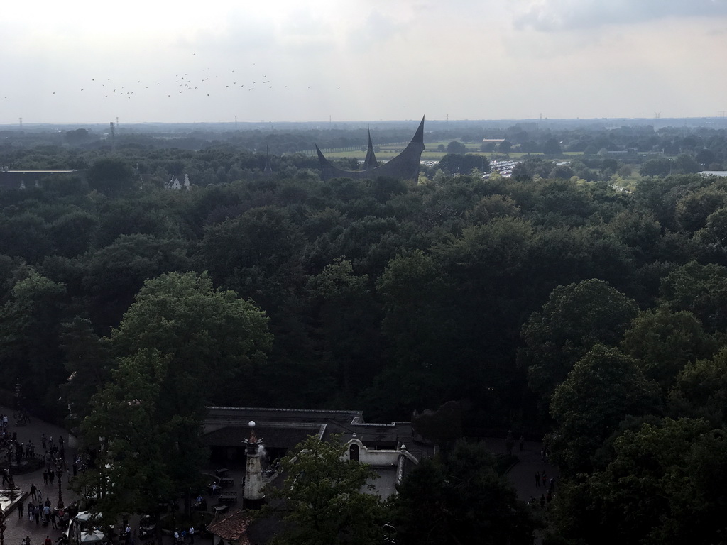 The entrance to the Efteling theme park and the Polles Keuken restaurant at the Fantasierijk kingdom, viewed from the Pagode attraction at the Reizenrijk kingdom