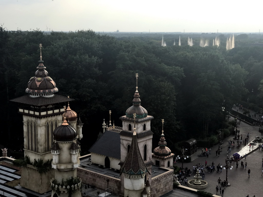 The Pardoes Promenade and the Symbolica attraction and the Aquanura lake at the Fantasierijk kingdom, viewed from the Pagode attraction at the Reizenrijk kingdom, during the water show