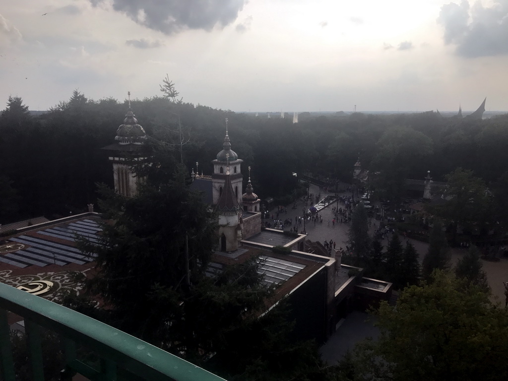 The entrance to the Efteling theme park, the Pardoes Promenade and the Symbolica attraction and the Aquanura lake at the Fantasierijk kingdom, viewed from the Pagode attraction at the Reizenrijk kingdom, during the water show
