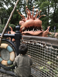 Max with the giant fish at the Pinocchio attraction at the Fairytale Forest at the Marerijk kingdom