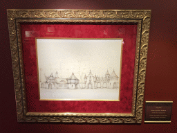 Drawing of the Inn and Castle at the Herautenplein square of the Fairytale Forest by Henny Knoot, in the Efteling Museum at the Marerijk kingdom