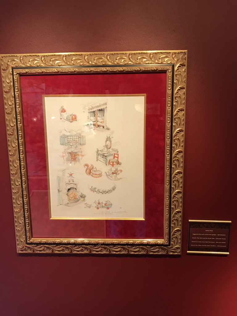 Drawing of details of the Wolf and the Seven Kids attraction by Anton Pieck, in the Efteling Museum at the Marerijk kingdom