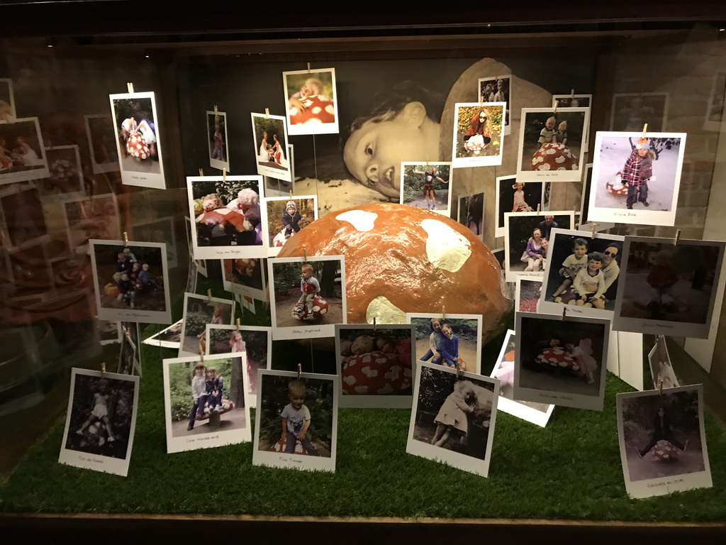 Photos of children with the mushroom statues at the Fairytale Forest, in the Efteling Museum at the Marerijk kingdom