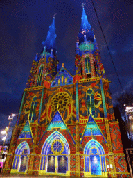 Facade of the St. Catharina Church at the Catharinaplein square during the GLOW festival, by night