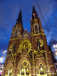 Facade of the St. Catharina Church at the Catharinaplein square during the GLOW festival, by night