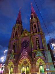 Facade of the St. Catharina Church at the Catharinaplein square during the GLOW festival, by night