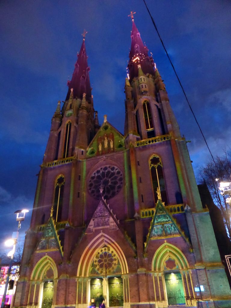 Facade of the St. Catharina Church at the Catharinaplein square during the GLOW festival, by night