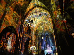 Nave and apse of the Augustijnenkerk church during the Casa Magica lightshow of the GLOW festival
