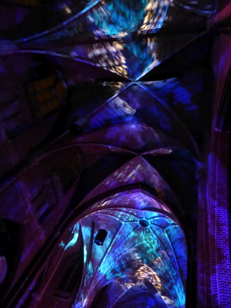 Ceiling of the nave of the Augustijnenkerk church during the Casa Magica lightshow of the GLOW festival