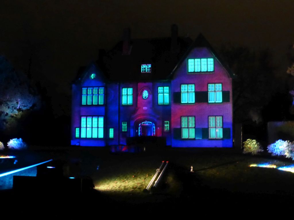 Light show `Parklaan Flashback` on the Villa Granville building at the Parklaan street during the GLOW festival, by night