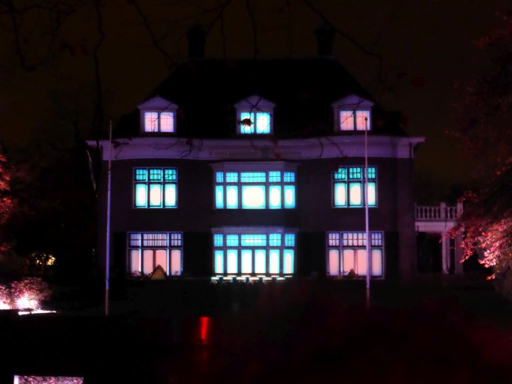 Light show `Parklaan Flashback` on the Villa Wijers building at the Parklaan street during the GLOW festival, by night