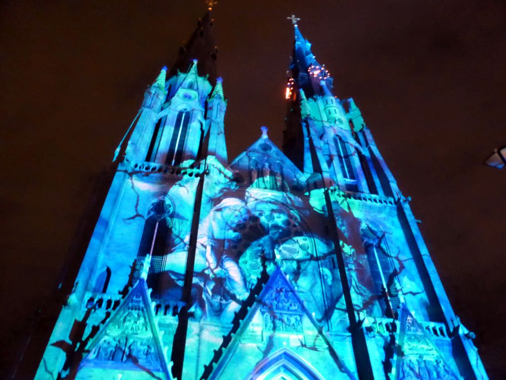 Facade of the St. Catharina Church at the Catharinaplein square during the GLOW festival, by night