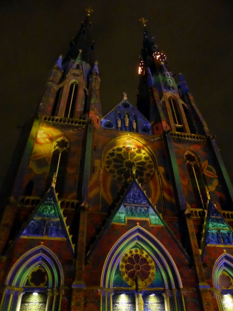 Facade of the St. Catharina Church at the Catharinaplein square during the GLOW festival, by night