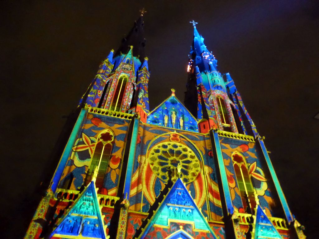 Facade of the St. Catharina Church at the Catharinaplein square during the GLOW festival, by night