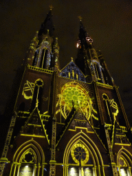 Facade of the St. Catharina Church at the Catharinaplein square during the GLOW festival, by night