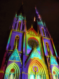 Facade of the St. Catharina Church at the Catharinaplein square during the GLOW festival, by night